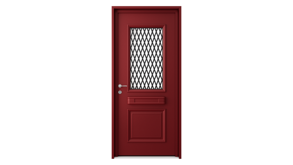 Porte d'entrée aluminium MILOS 2 Porte d'entrée rouge avec partie haute vitrée et grille noire